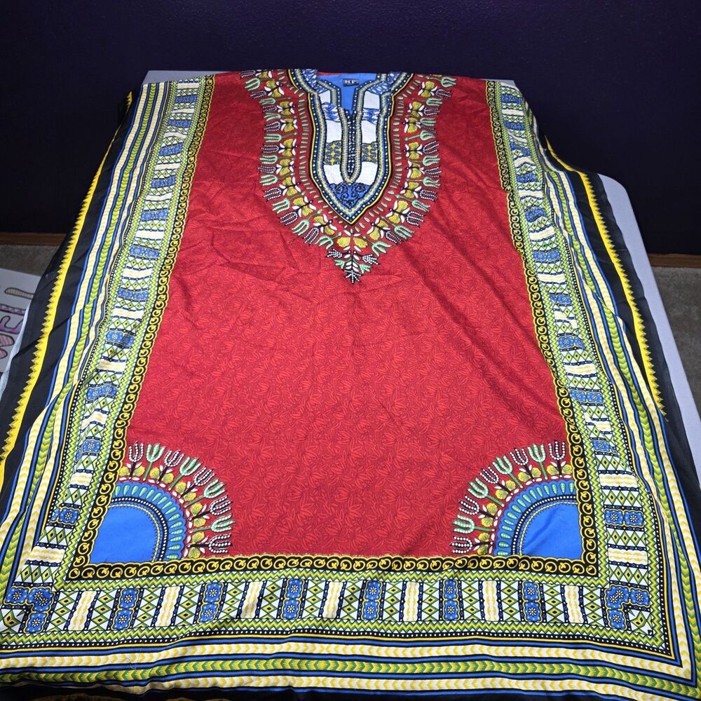 African Dashiki Maxi Dress Kaftan Caftan Red Tribal Print Boho Festival One Size